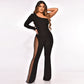 Women's fashionable and sexy jumpsuit with sloping shoulders and high slit