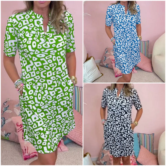 🌞Sukienka z krótkim rękawem i nadrukiem V-Neck