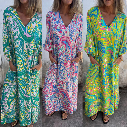 🌸 Wiosenne Specjały 🌸 Damska Boho Sukienka Maxi z Abstrakcyjnym Wzorem i Dekoltem w Serek