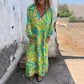 🌸 Wiosenne Specjały 🌸 Damska Boho Sukienka Maxi z Abstrakcyjnym Wzorem i Dekoltem w Serek