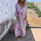 🌸 Wiosenne Specjały 🌸 Damska Boho Sukienka Maxi z Abstrakcyjnym Wzorem i Dekoltem w Serek