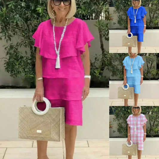 💖Szyfonowa sukienka z krótkim rękawem do kolan z falbankami