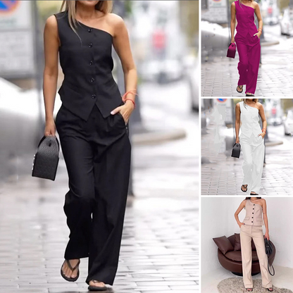 Stylowy zestaw z topem na jedno ramię i prostymi spodniami